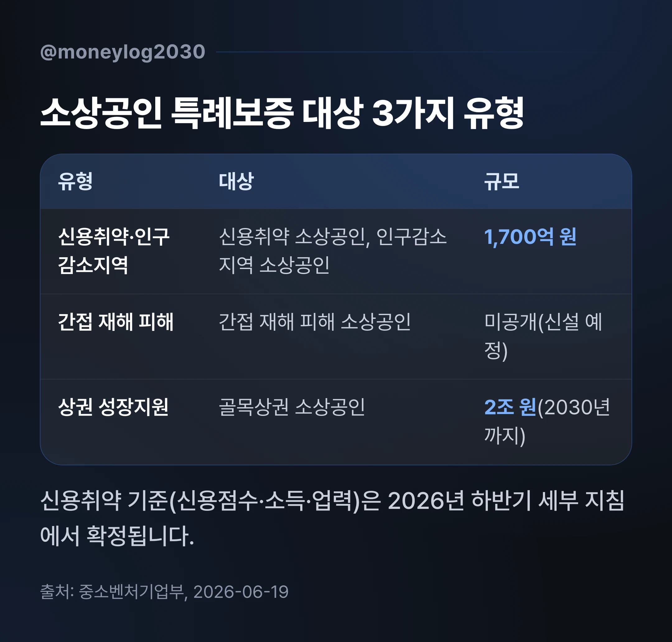 소상공인 특례보증 대상 3가지 유형 비교, 신용취약·인구감소지역 1700억 원, 간접 재해 피해, 상권 성장지원 2조 원
