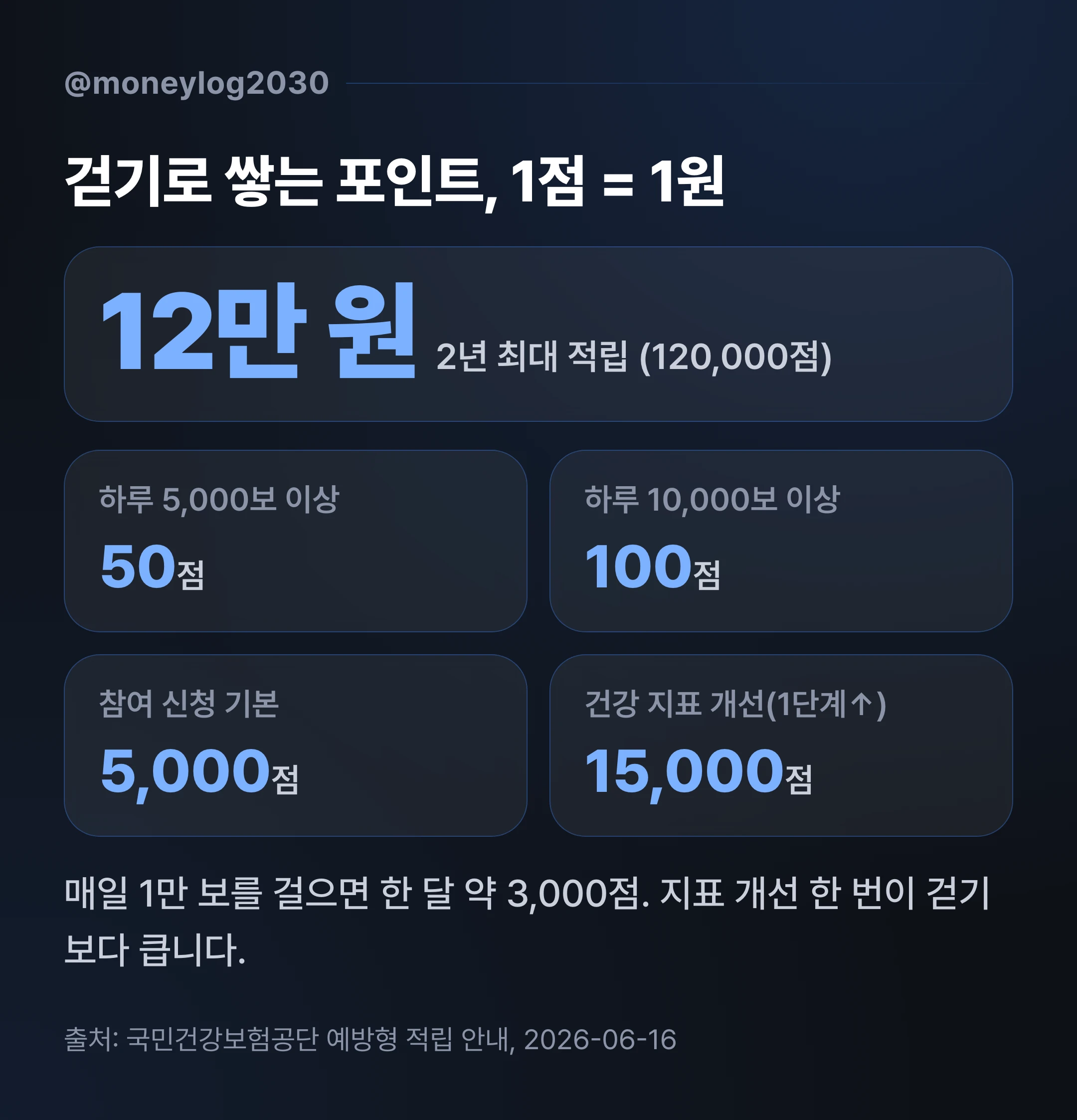 걷기로 쌓는 건강생활실천지원금 포인트 구조, 5,000보 50점과 10,000보 100점, 2년 최대 12만 원 적립