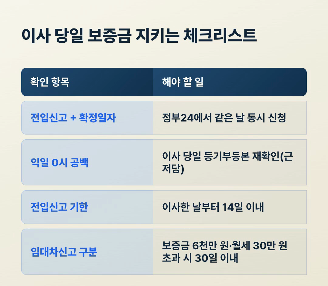 이사 당일 보증금 지키는 체크리스트, 전입신고 확정일자 동시 신청과 근저당 재확인 임대차신고 기한 구분