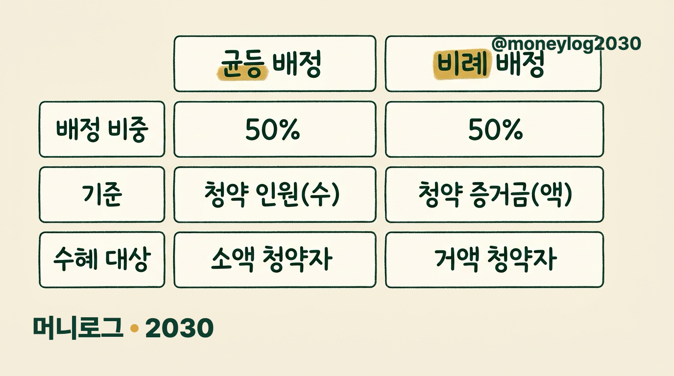 공모주 균등배정과 비례배정 비교표 — 배정 비중 50대 50, 기준은 청약 인원 대 증거금, 소액 청약자 대 거액 청약자