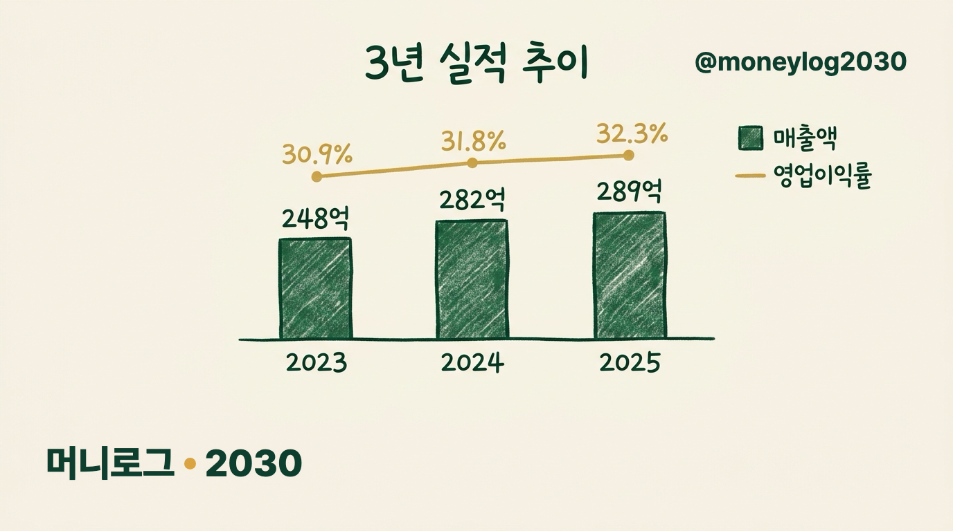 에이치엘지노믹스 3년 실적 추이 그래프 — 매출액 248억·282억·289억, 영업이익률 30.9%·31.8%·32.3%
