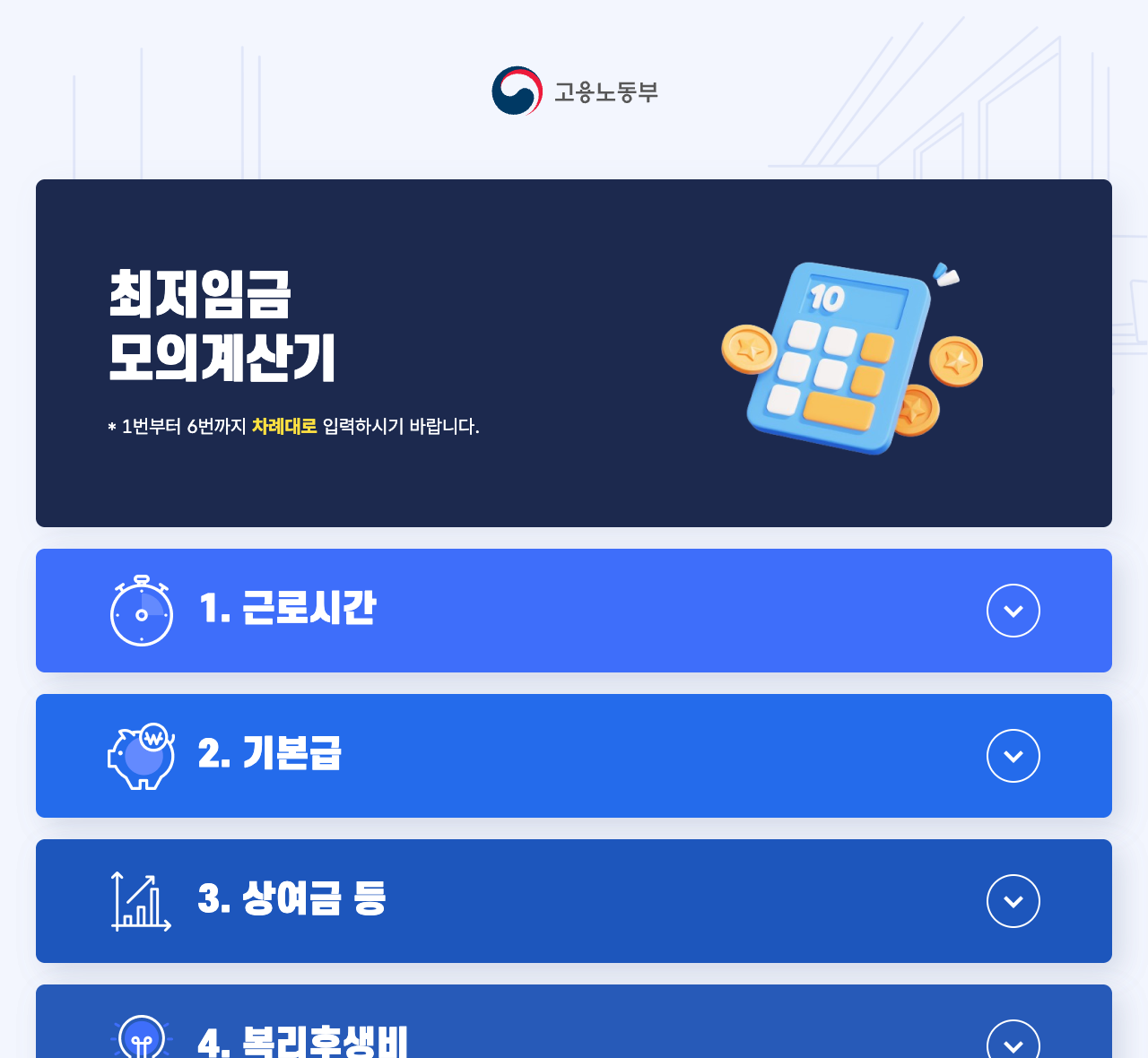 고용노동부 최저임금 모의계산기 실제 캡처 화면, 근로시간·기본급 입력으로 월급 계산 (moel.go.kr 직접 캡처)