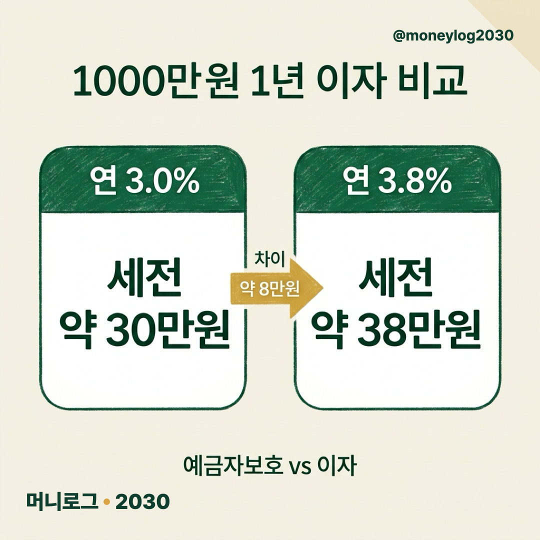 1000만원 1년 예치 이자 비교 - 연 3.0% 세전 약 30만원, 연 3.8% 세전 약 38만원, 차이 약 8만원