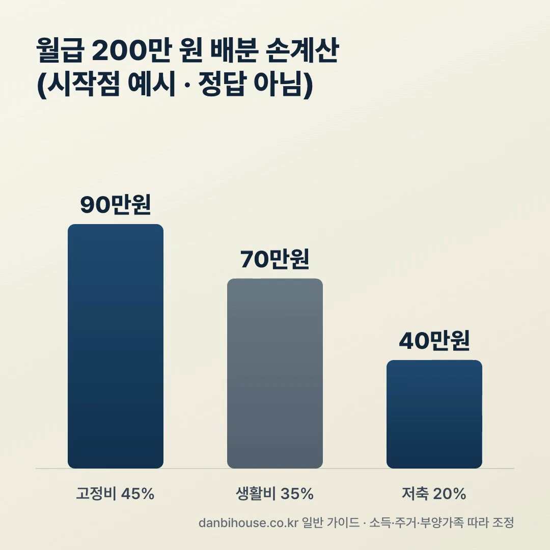 통장 쪼개기 배분 비율 막대그래프 - 월급 200만원 기준 고정비 45퍼센트 90만원·생활비 35퍼센트 70만원·저축 20퍼센트 40만원 손계산