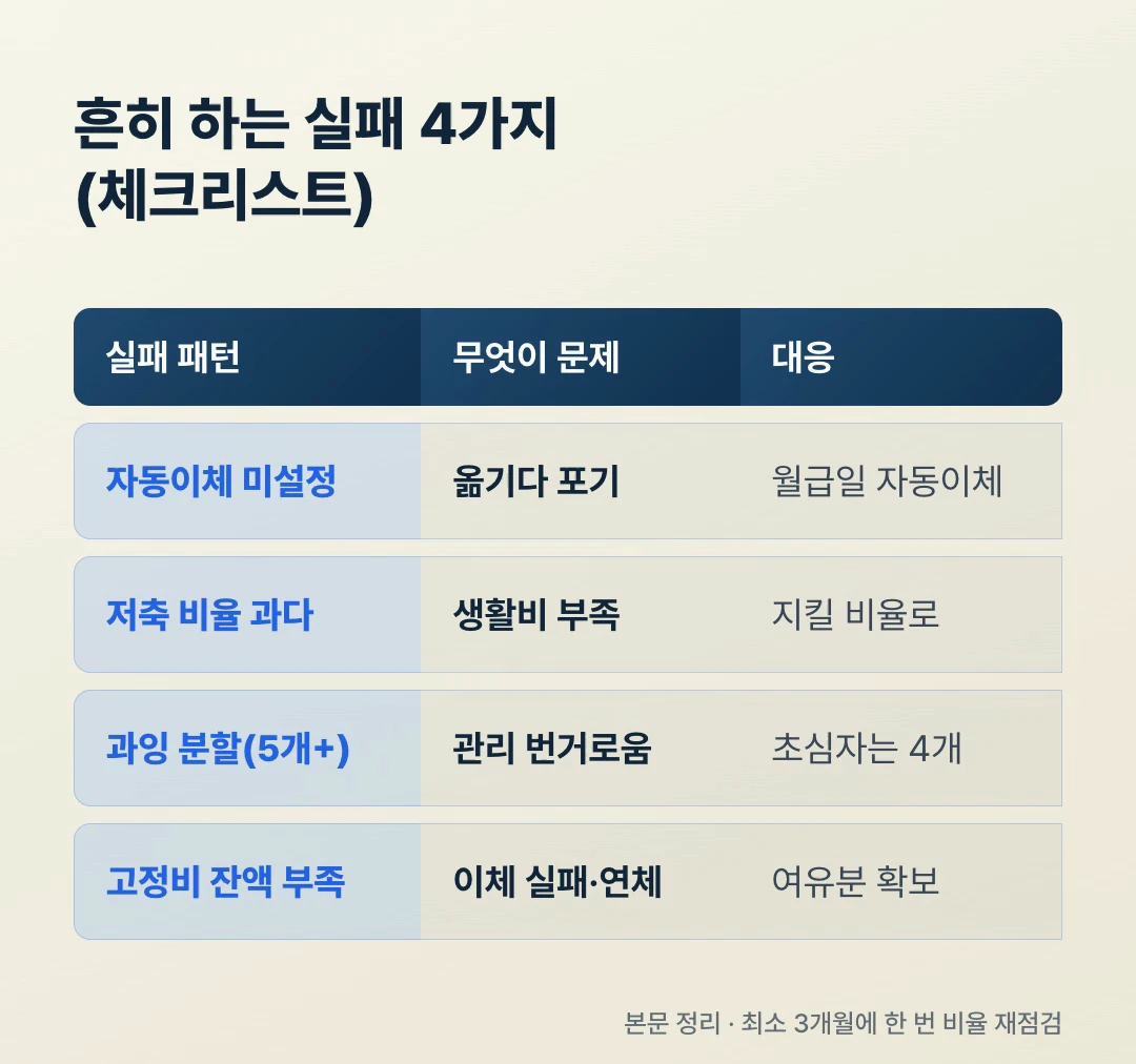 통장 쪼개기 흔한 실패 4가지 체크리스트 - 자동이체 미설정·저축 비율 과다·과잉 분할·잔액 부족과 각 대응책