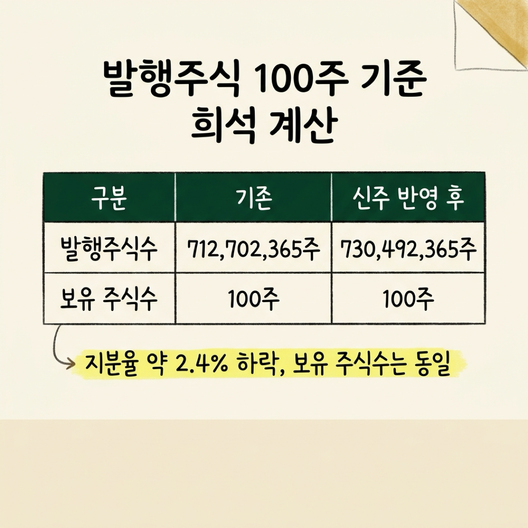 SK하이닉스 100주 기준 희석 계산 비교표 - 발행주식은 712,702,365주에서 730,492,365주로 늘고 지분율은 약 2.4% 줄지만 보유 주식수 100주는 그대로