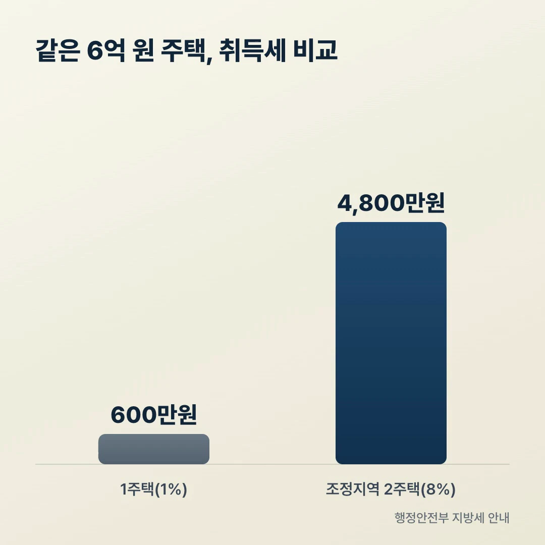 6억 원 주택 취득세 비교 막대차트, 1주택 600만 원대 대 조정지역 2주택 4,800만 원