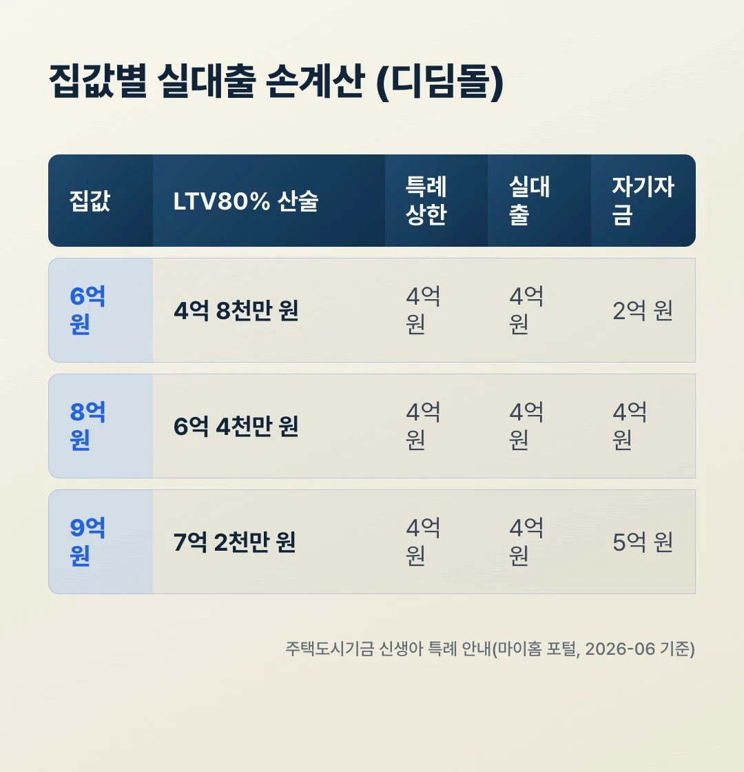 신생아 특례대출 디딤돌 집값별 LTV 80% 산술과 실대출·자기자금 손계산 표